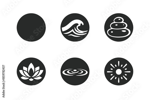 Minimal Zen Icons. Solid style round vector icons of minimal zen: circle, wave, stone, lotus, water line, aura No text, No labels,