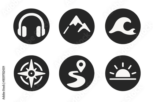 Adventure Audio Collection. Solid style round vector icons of adventure audio: headphones, mountain, wave, compass, trail, sunrise