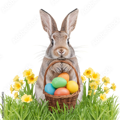 Bunny Holds Basket With Colorful Eggs on Grass for Easter Celebration in Spri...