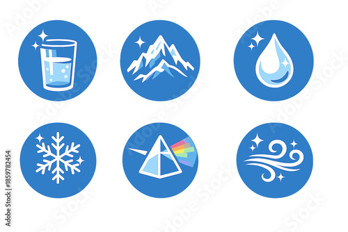 Purity and Resilience Icons. Solid style round vector icons of purity and resilience: glass, mountain, droplet, frost, prism, wind