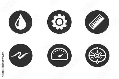 Precision Art Icons. Solid style round vector icons of precision artistry: inkdrop, gearwheel, ruler, fluid line, dial, balance