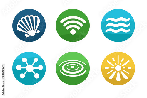 Nature Connection Icons. Solid style round vector icons of nature connection: shellpiece, signal, wave, node, ripple, beam No text