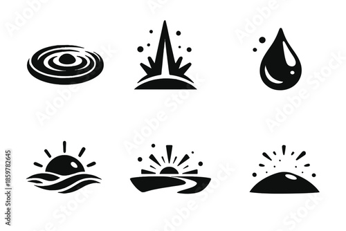 Symbols of Hope. Solid style icons of hope and flow: ripple circle, upward beam, dew drop, sunrise crest, open horizon, glowing