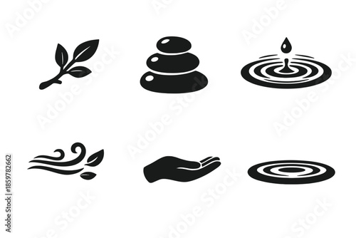 Natural Mindfulness Icons. Solid style icons of natural mindfulness: twig leaf, smooth stone, ripple pool, soft wind, open hand,