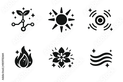Icons of Energy Growth. Solid style icons of energy in growth: sprouting node, sunlight ray, expanding circle, warm seed, bloom