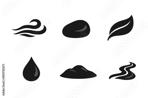 Organic Solid Icons. Solid style icons of organic minimalism: wind ripple, smooth pebble, curved leaf, droplet shape, soft hill,