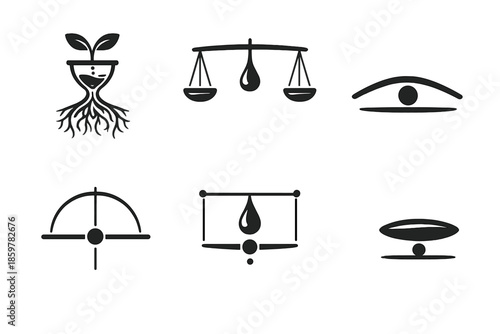 Delicate Balance Icons. Solid style icons of delicate balance: glassroot, suspended droplet, aligned curve, center point, thread