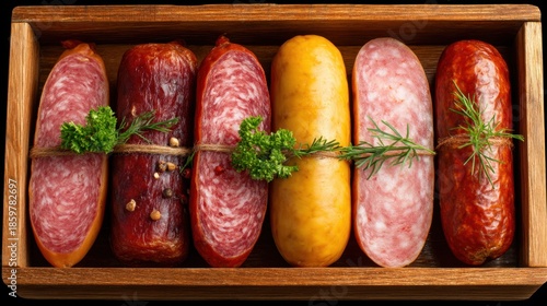 Various kinds of sausage and cured meats are placed on a wooden platter. Fresh herbs decorate the platter. This setup is ideal for a gathering or meal.