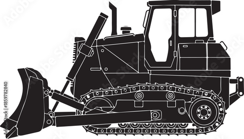 Heavy duty bulldozer construction vehicle silhouette graphic illustration side view isolated on a white background for industrial design