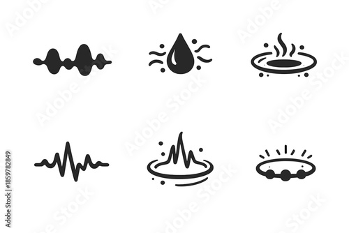Quiet Frequency Icons. Solid style icons of Quiet Frequency: soft waveform, mist droplet, pulse strand, low hum, vapor halo,