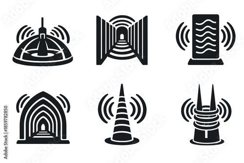 Acoustic Architecture Icons. Solid style icons of Acoustic Architecture: echo dome, sound corridor, vibration panel, harmonic