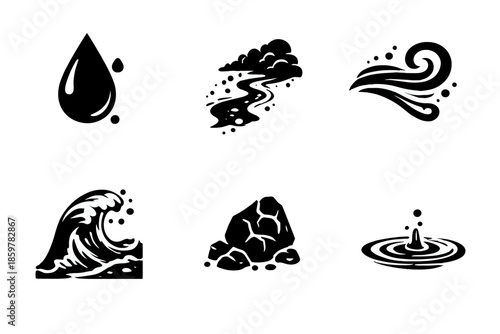 Elemental Balance Icons. Solid style icons of Elemental Balance: rain droplet, dust path, wind swirl, erosion wave, rock grain,