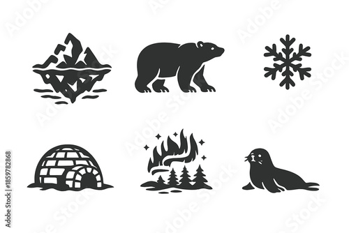 Arctic Nature Icons. Solid style icons of Arctic Nature: iceberg, polar bear, snowflake, igloo, aurora, seal No text, No labels,