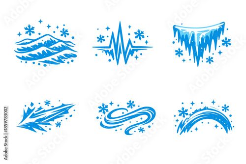 Winter Motion Icons. Solid style icons of Winter Motion: snow ripple, pulse line, frozen veil, icy beam, chill thread, soft arc No