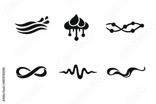 Harmonized Flow Icons. Solid style icons of Harmonized Flow: drift wave, rain node, mesh line, looping arc, flexible pulse, fluid