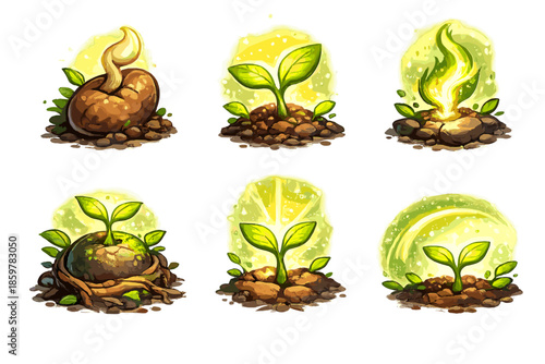 Creative Roots Icons. Solid style icons of Creative Roots: clay seed, glowing sprout, living spark, earthen node, radiant shoot,