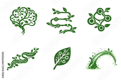 Organic Algorithm Icons. Solid style icons of Organic Algorithms: neural vine, code path, bio node, flowing thread, circuit leaf,