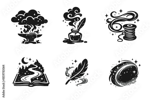 Atmospheric Icon Set. Solid style icons of Atmospheric Narrative: forge cloud, ink swirl, creative thread, story line, soft plume,