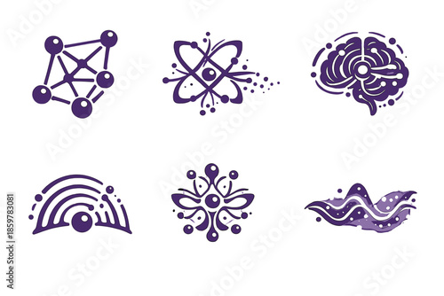 Creative Frequency Icons. Solid style icons of Creative Frequency: mesh node, datapetal thread, neural ripple, sound arc, pulse