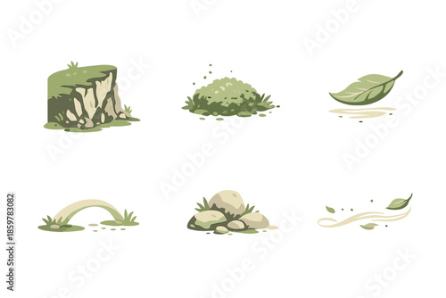 Subtle Stillness Icons. Solid style icons of Subtle Stillness: cliff line, moss dot, floating leaf, gentle arc, rock node, soft