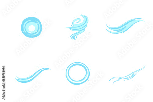Serene Motion Icons. Solid style icons of Serene Motion: glow core, wind spiral, airy line, soft arc, radiant ring, gentle thread