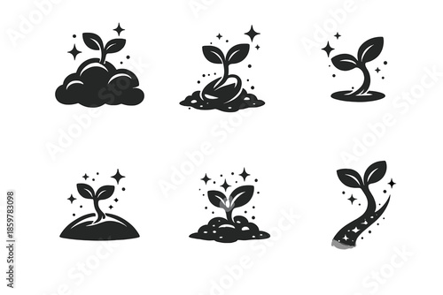 Emerging Growth Icons. Solid style icons of Emerging Growth: cloud edge, seed form, floating sprout, soft arc, luminous bud,