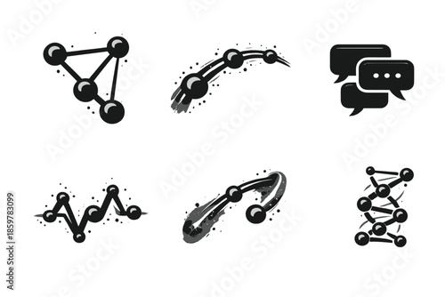 Linguistic Network Icons. Solid style icons of Linguistic Networks: text node, signal path, message thread, pulse beam, glowing