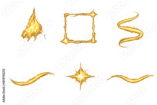 Gentle Blaze Icons. Solid style icons of Gentle Blaze: flare veil, dust frame, glowing thread, soft arc, radiant pulse, delicate