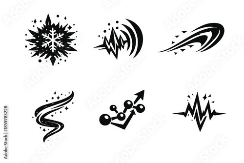 Solid Style Icons. Solid style icons of Sharp Flow: frost grain, sound crest, flowing arc, luminous thread, rising node, sharp