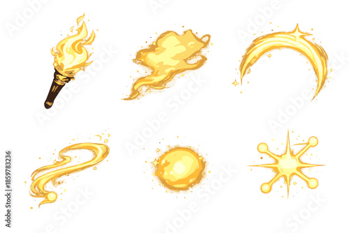 Radiant Drift Icons. Solid style icons of Radiant Drift: torch flow, fog step, glowing arc, flowing thread, soft pulse, luminous