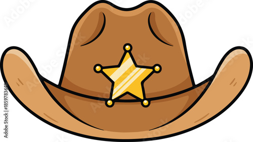 Cartoon cowboy sheriff hat with a shiny gold star badge, classic western style headwear, wild west symbol of law and order illustration