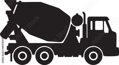 Industrial concrete mixer truck silhouette icon, symbolizing heavy construction machinery, building projects, roadwork, and cement delivery.