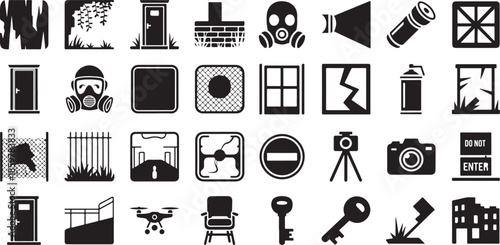 Urban exploration and abandoned places icon set. Containing broken windows, cracked walls, gas masks, boarded doors, spray paint, flashlights, barbed wire fences, and danger signs.