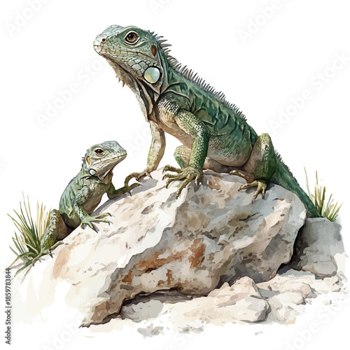 watercolor of Iguana Mother Guiding Young illustration, isolated on a white background.