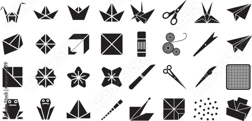 Origami and paper craft icon set. Containing paper cranes, boats, planes, folding diagrams, scissors, cutters, geometric shapes, and traditional Japanese paper art symbols.