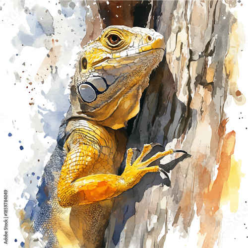 Iguana Climbing, illustration watercolor with dynamic strokes and balanced color harmony, isolated on a white background.