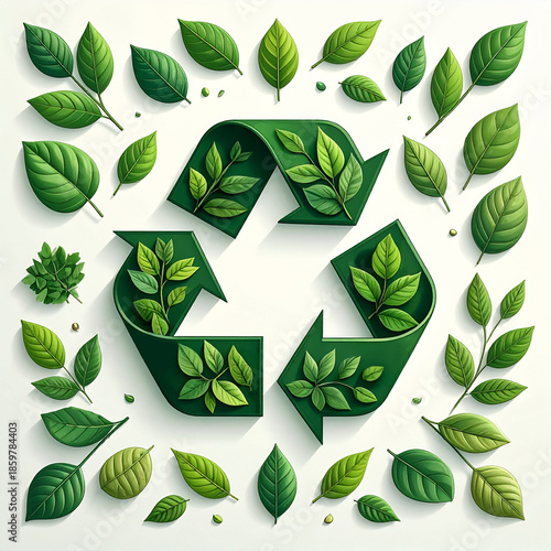 recycling emblem surrounded by green leaves