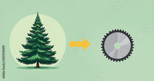 a Christmas tree with a yellow arrow pointing to a a circular saw blade