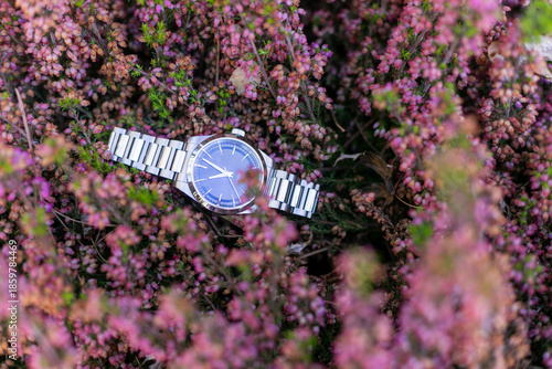reloj, cronometrar, tiempo, reloj de pulsera, naturaleza, flor, florecer, morada, violacea, beldad, bodegón