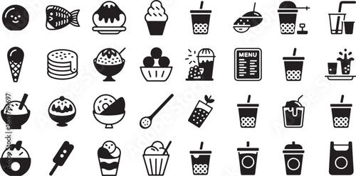 Desserts and sweet treats icon set. Containing bubble tea, ice cream cones, pancakes, donuts, popsicles, taiyaki fish cakes, cafe menus, and takeout bags.
