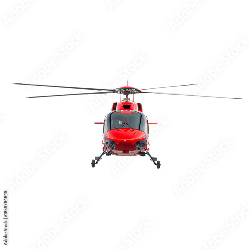 Red Helicopter Flying in Clear Sky During Daytime With Visible Rotor Blades S...