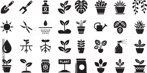Gardening and plant care icon set. Containing trowels, pruning shears, watering cans, potted succulents, fertilizer bags, spray bottles, monstera leaves, and seedling sprouts.