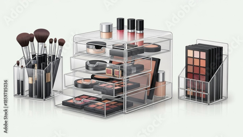 Clear acrylic makeup organizer with brushes, eyeshadows, lipsticks and nail polish