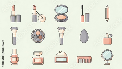 Collection of various makeup products and beauty tools on a neutral background