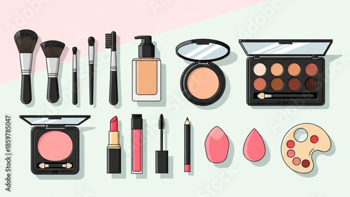 A collection of various makeup products and tools on a pink background