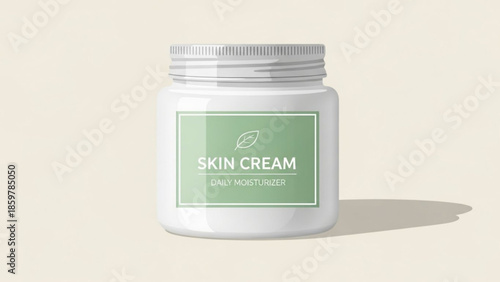 A white jar of daily moisturizer skin cream with a green label on a beige background