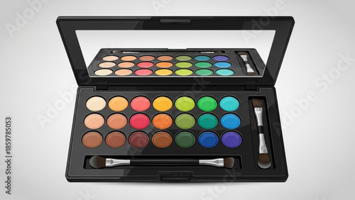 Vibrant colorful makeup palette with assorted eyeshadows and brushes