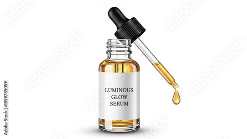 Luminous glow serum in a glass bottle with a dropper on a white background