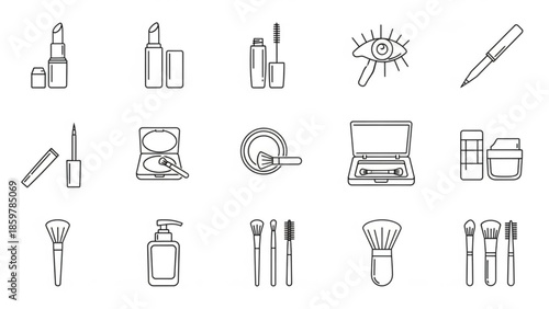 Collection of various makeup products and tools for beauty routine on white background