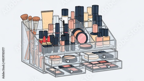 Clear acrylic makeup organizer with various cosmetics and brushes